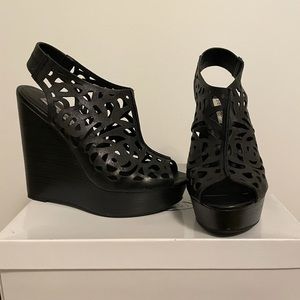 Steve Madden Black laser cut-out, peep-toe wedge